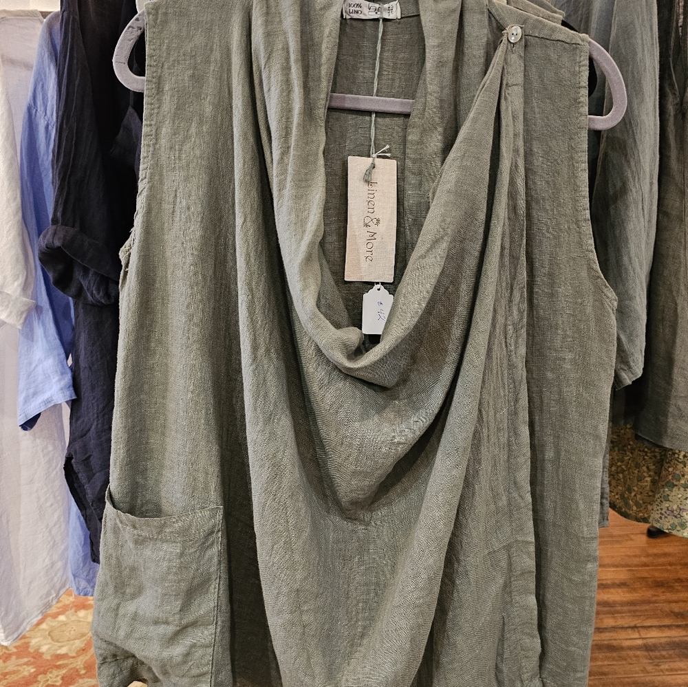 Green Draped Cowl Neck Sleeveless Tunic